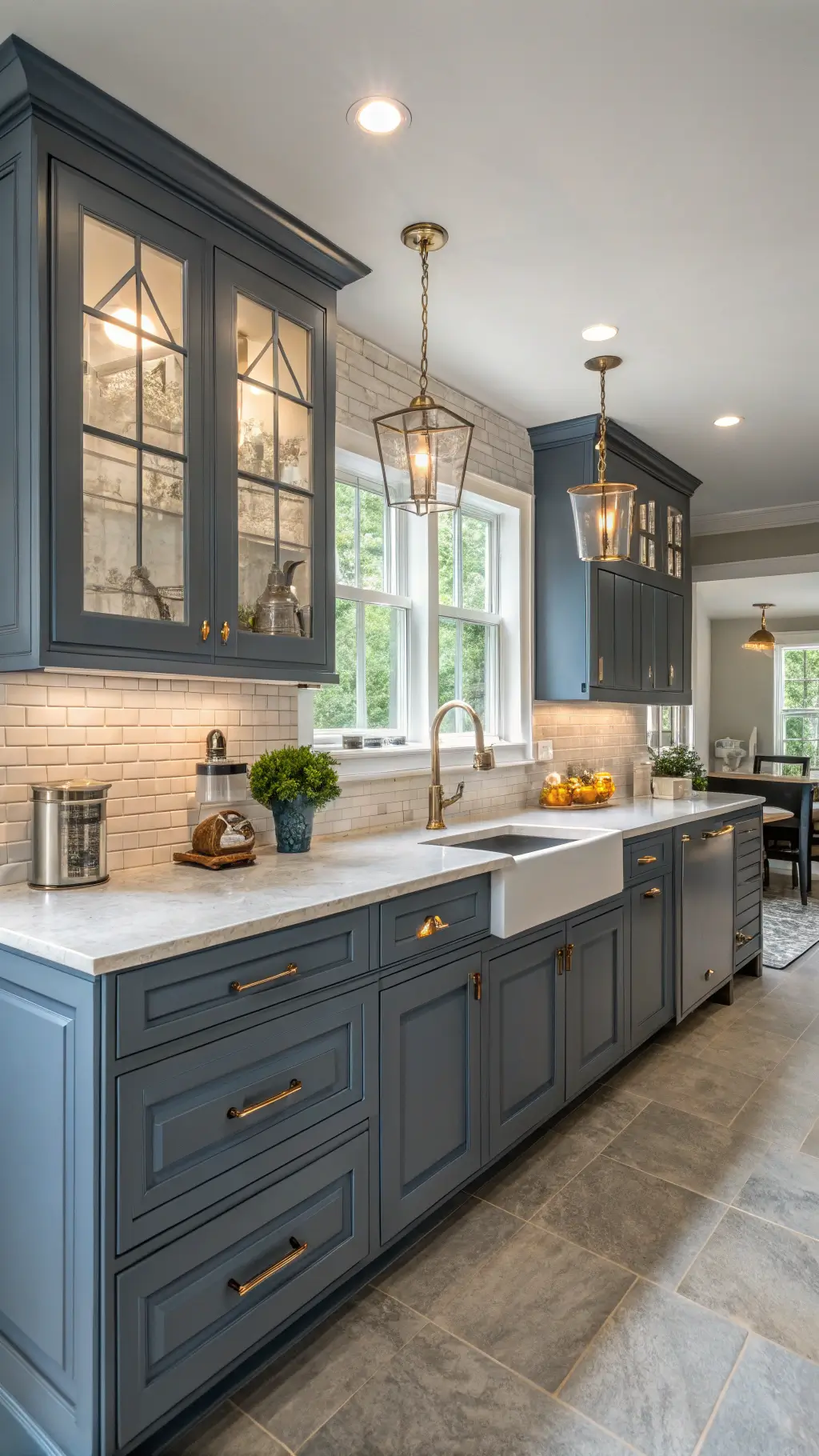 Transitional kitchen bathed in afternoon sun featuring deep slate blue cabinets with raised panels, light gray soapstone countertops, chrome faucets, aged brass handles, and layered lighting plan.
