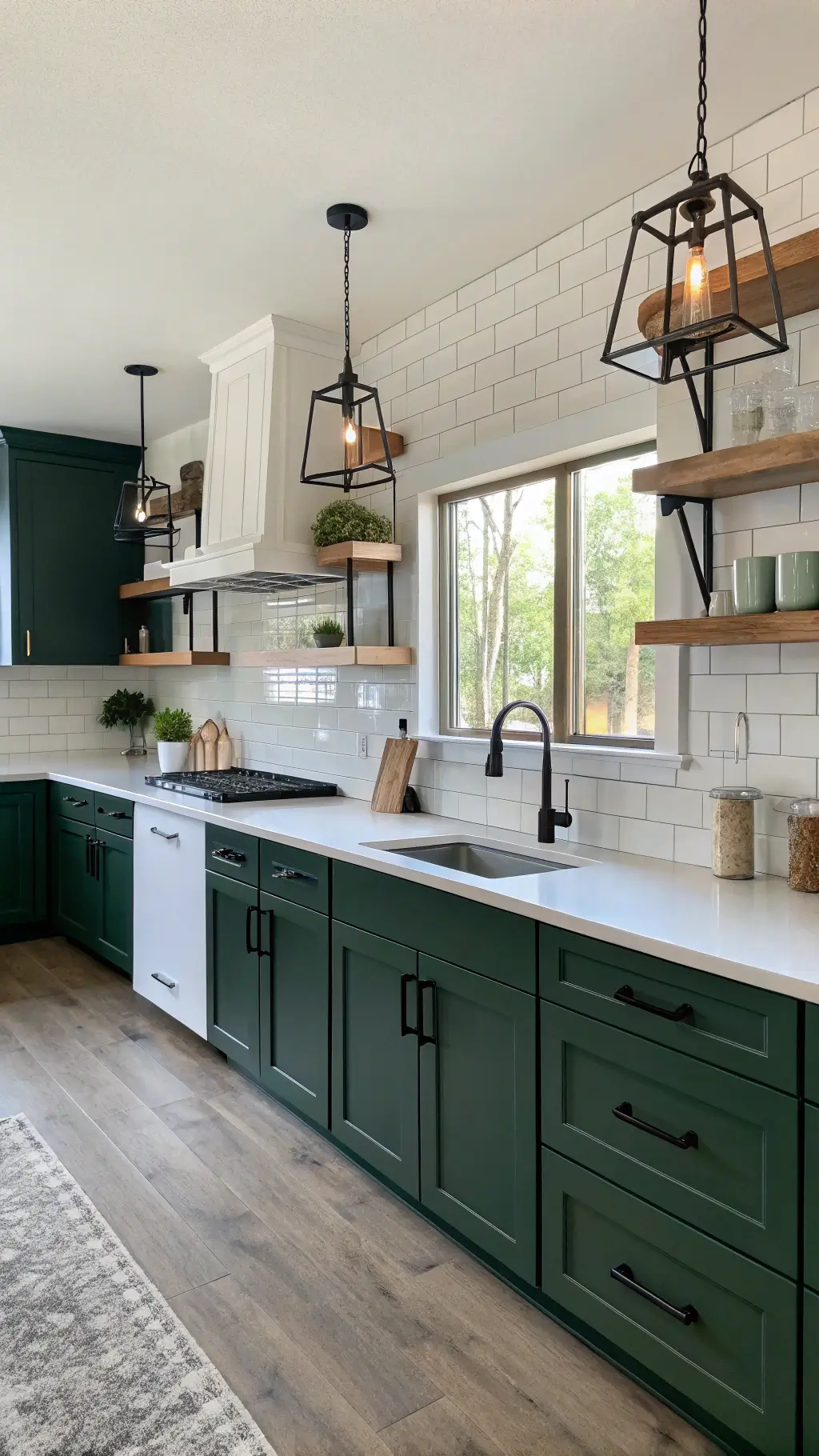 Sunrise illuminating a modern farmhouse kitchen with emerald green cabinets, white concrete countertops, black iron hardware, and white oak open shelving.