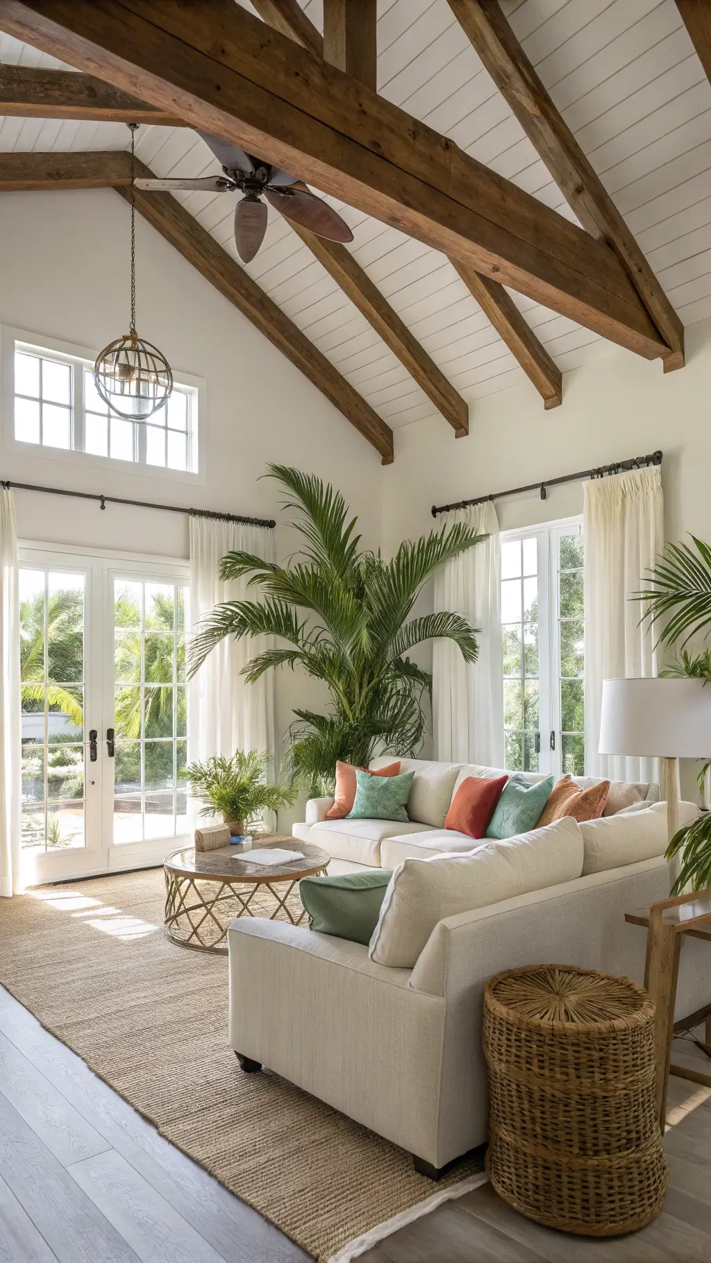 Sunny tropical living room with high ceilings, wooden beams, cream sectional with colorful pillows, rattan chair, brass floor lamp, and green indoor plants