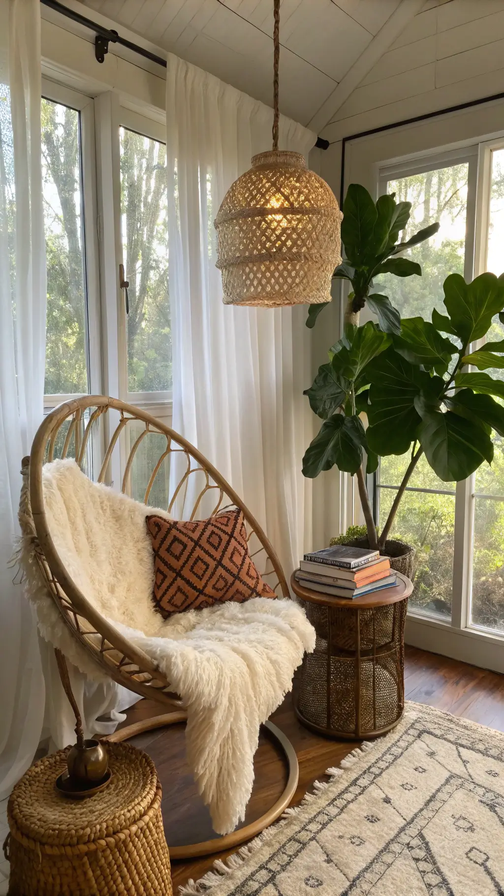 Tropical reading nook with rattan chair, botanical books, and fiddle leaf fig, bathed in golden hour light