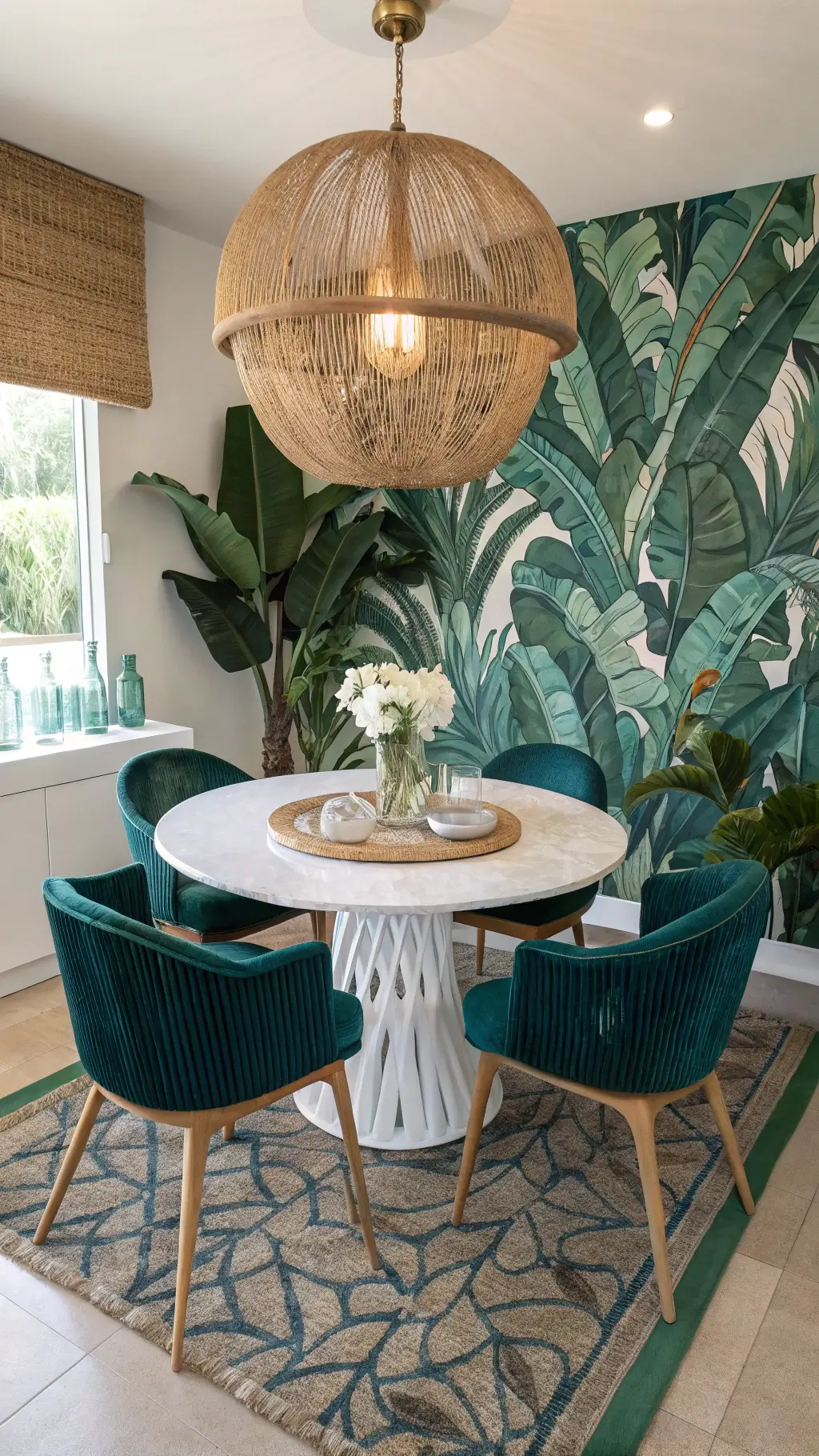 Bird's eye view of a modern tropical dining space with banana leaf wallpaper accent wall, circular glass dining table, cane-backed chairs in teal velvet, woven pendant light, and vintage overdyed rug on terracotta tiles
