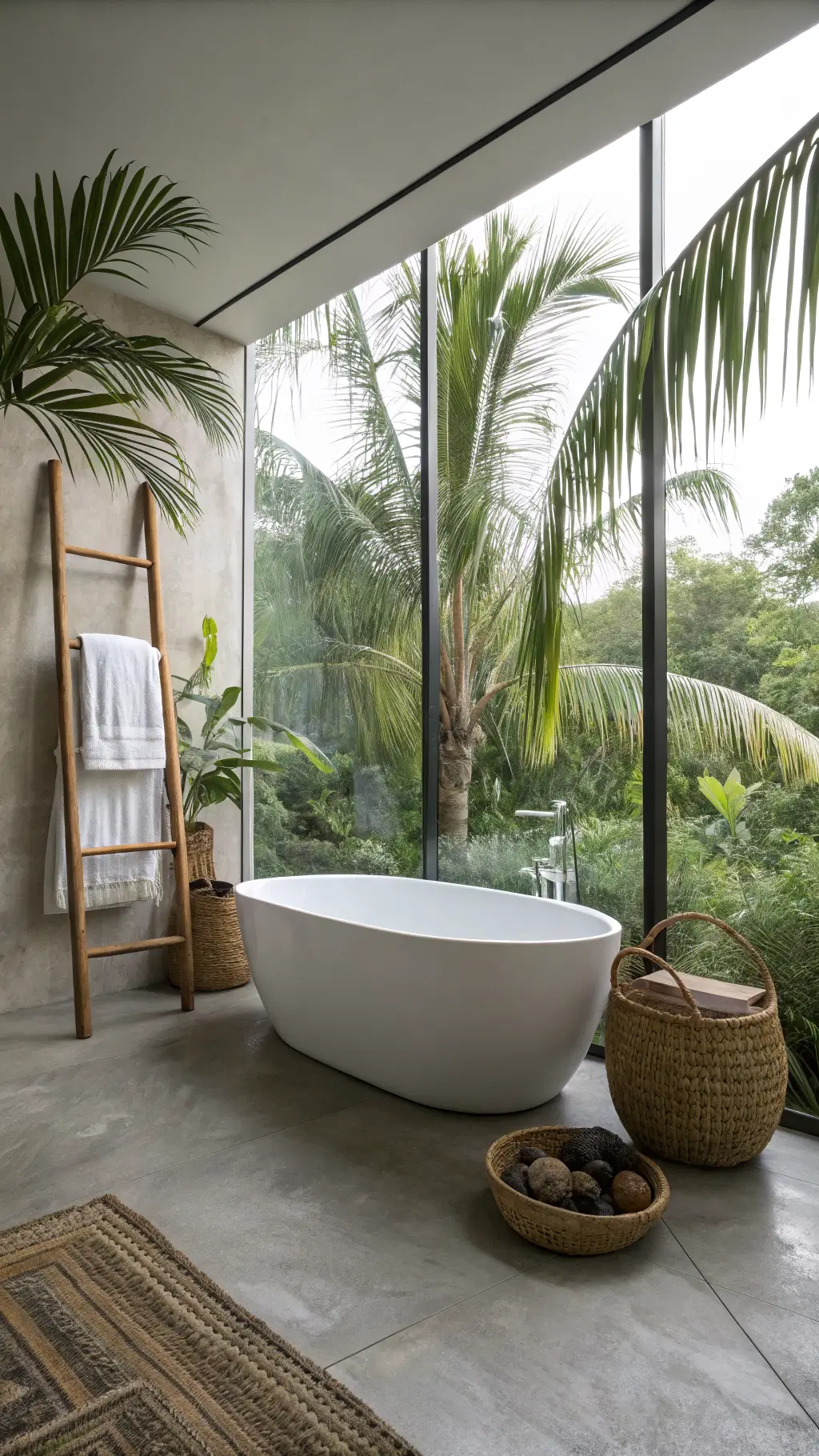 Minimalist tropical bathroom featuring a white freestanding tub, dark leaf wallpaper, teak vanity, concrete floors with river rocks, and bamboo towel rack in morning light.