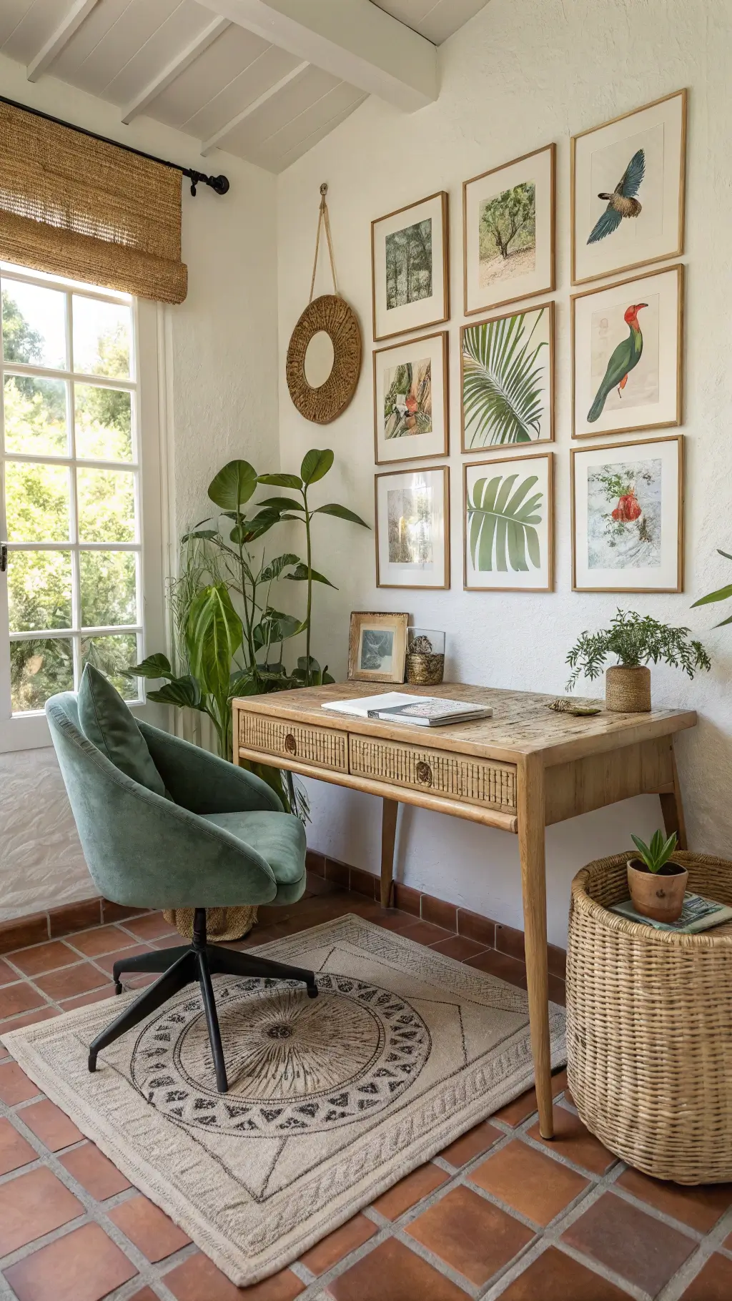 Tropical home office with rattan desk, sage green chair, vintage botanical prints, jute rug on terra cotta tiles, potted birds of paradise plant, and macramé wall hanging in warm afternoon light.