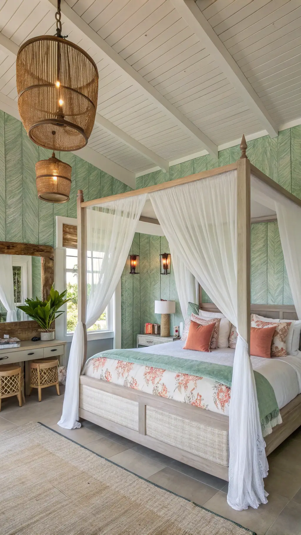 Tropical-themed bedroom at sunrise featuring a four-poster teak bed with white canopy, coral and mint accent pillows on white bedding, sage grasscloth wallpaper, rattan pendant lights, and a bamboo-framed mirror.
