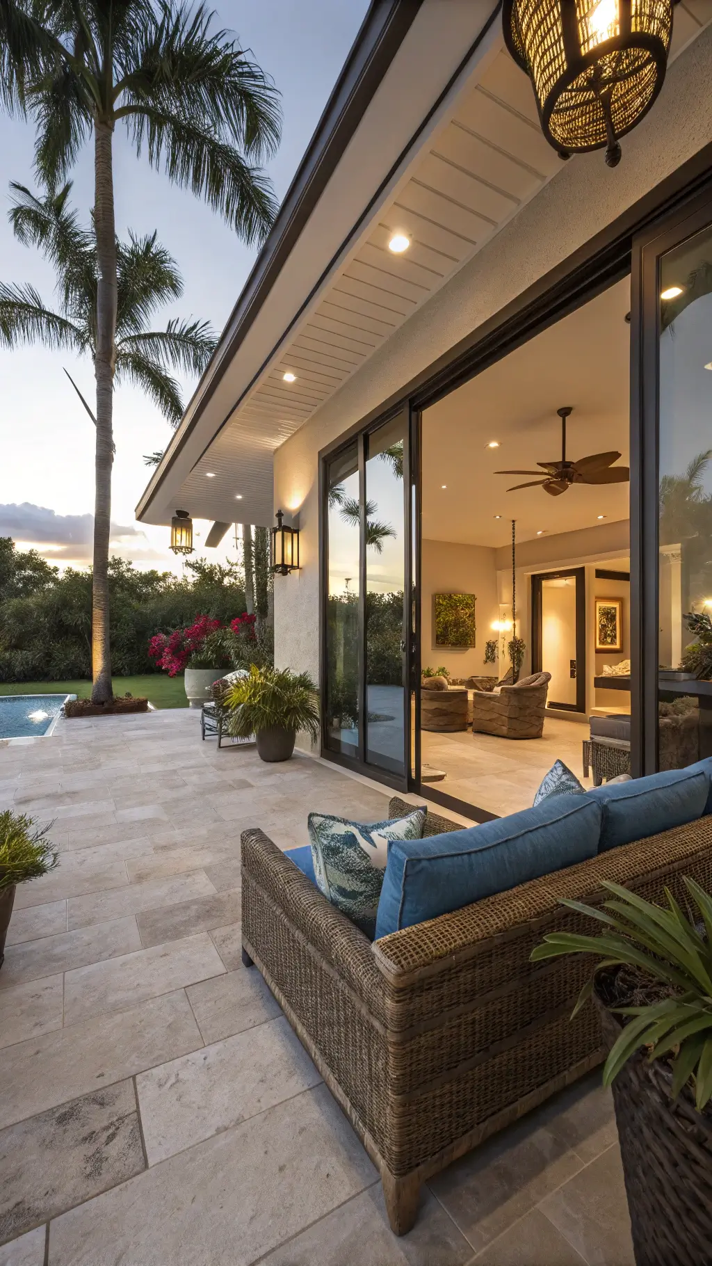 Tropical indoor-outdoor living area at sunset with sliding glass doors, wicker seating with blue cushions, concrete floors, potted plants, and hurricane lanterns.