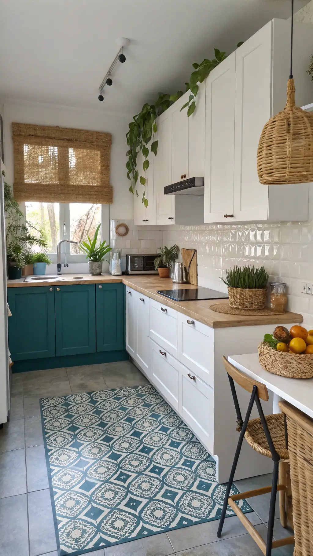 Compact tropical kitchen with teal and white cabinets, geometric tile floor, bamboo shades, breakfast bar with tropical fruits, and a living wall with air plants and staghorn ferns in soft early morning light.