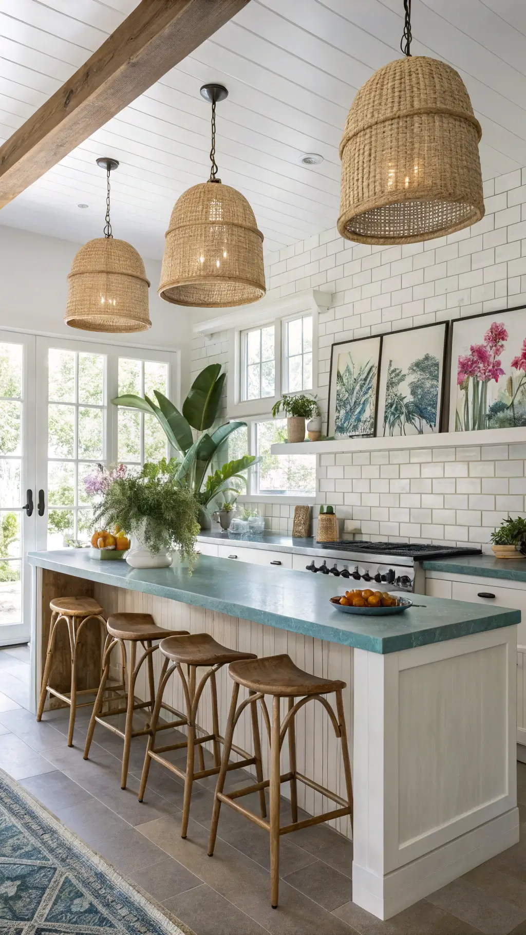 Brightly lit tropical kitchen with white brick walls, vintage botanical prints, bleached oak cabinets, concrete countertops, azure tiles, rattan bar stools, marble-topped breakfast bar, plant shelf with philodendrons and orchids, natural fiber pendant lights, and brass hardware.