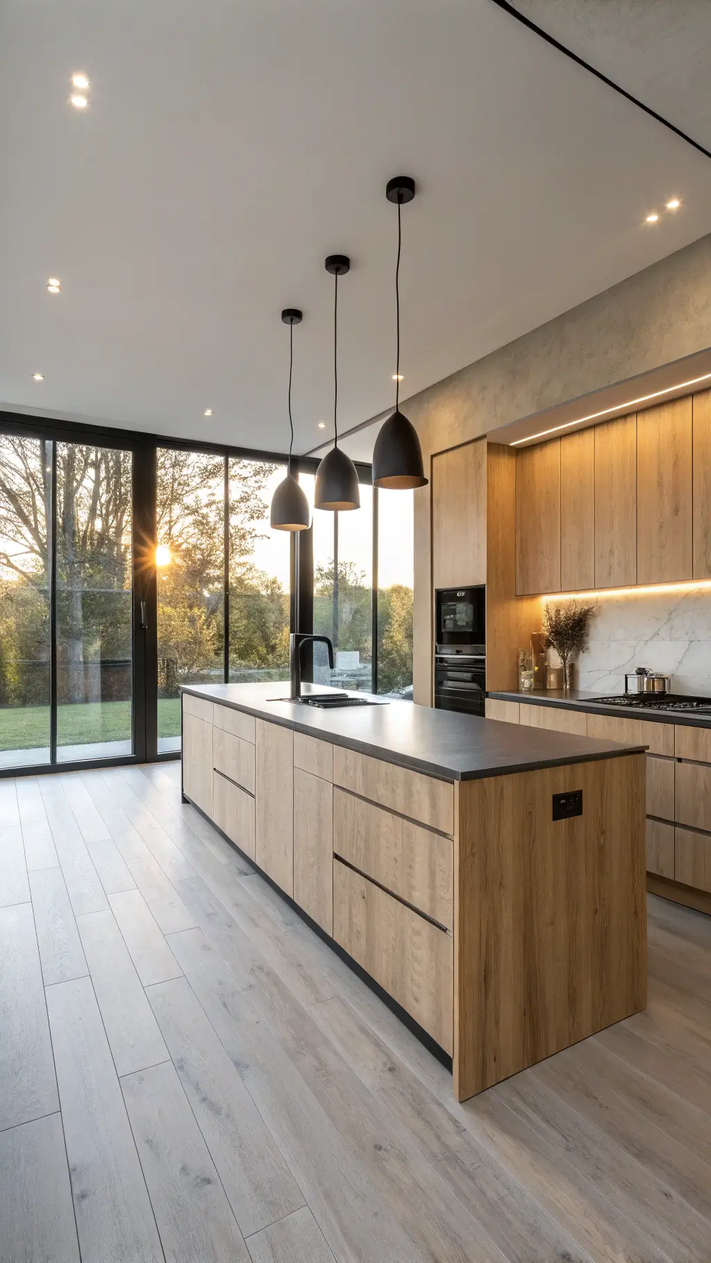 Contemporary Scandinavian styled 14x16ft kitchen with light natural oak cabinets, concrete countertops, matte black fixtures, white oak flooring, and Scandinavian-style pendant lights, illuminated by floor-to-ceiling windows and warm artificial lighting during golden hour.