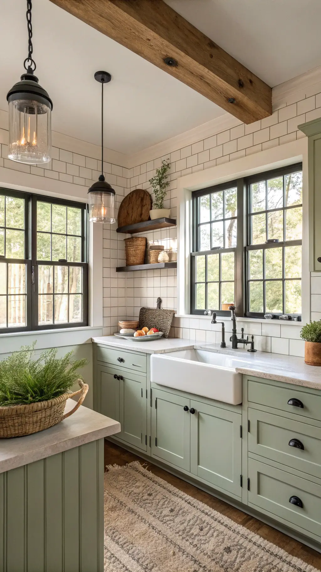 Cozy 10x12ft farmhouse kitchen with sage green cabinets, white subway tile backsplash, butcher block counters, and woven pendants, styled with pottery bowls and fresh herbs at golden hour.