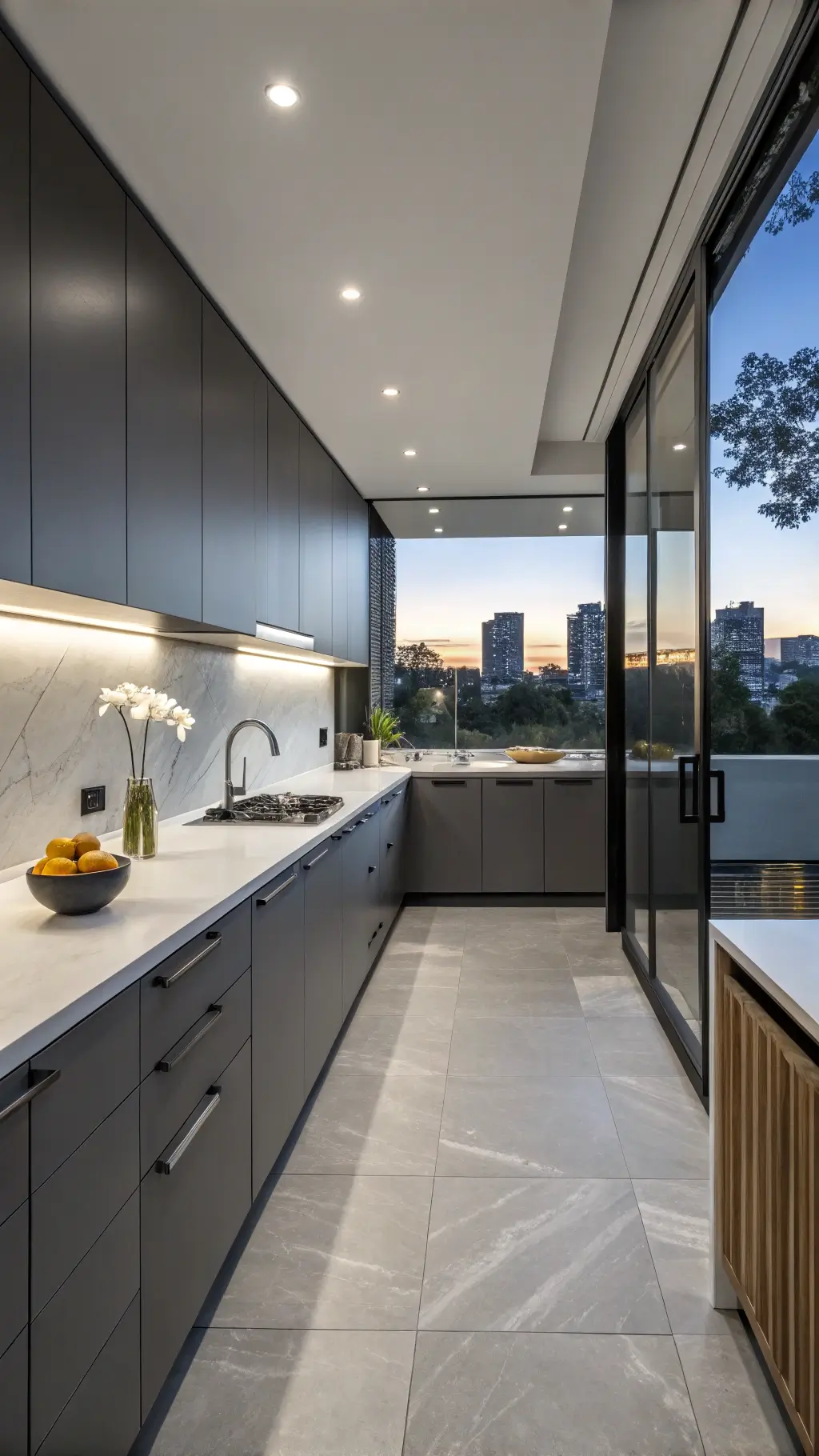 Modern minimalist kitchen with charcoal gray Shaker cabinets, waterfall quartz countertops, LED underlighting, floor-to-ceiling windows showcasing urban views, and simple décor including geometric ceramics and a single orchid.