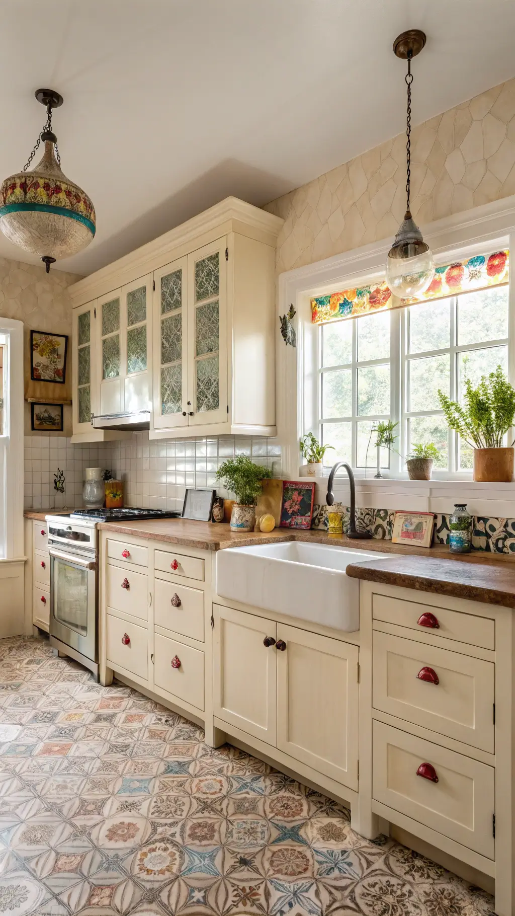 'Eclectic vintage-style kitchen with cream Shaker cabinets, butcher block and marble counters, patterned cement tile floor, styled with ceramics, art, and hanging herbs.'