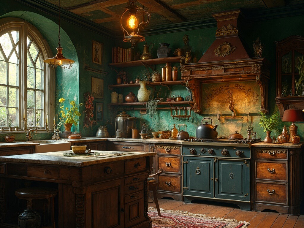 "Victorian-style kitchen with emerald green walls, mahogany cabinets, antique fixtures, and library table, under golden hour sunlight."