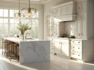 "Elegant antique white modern farmhouse kitchen with marble waterfall island, natural morning sunlight, and professional interior details"