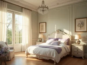 "Luxurious French Provincial bedroom with Louis XVI-style bed and ornate details during golden hour"