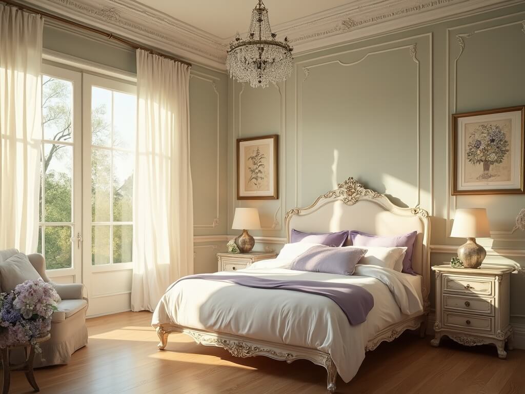 "Luxurious French Provincial bedroom with Louis XVI-style bed and ornate details during golden hour"