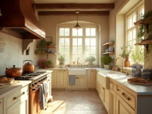 "Sunlit French Provincial kitchen with cream cabinets, copper hood range, marble island, and vintage copper pots hanging from rustic ceiling beams"