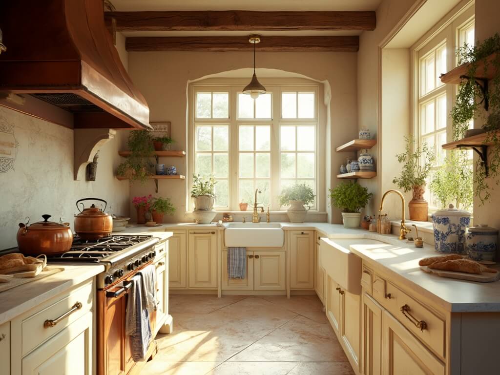 "Sunlit French Provincial kitchen with cream cabinets, copper hood range, marble island, and vintage copper pots hanging from rustic ceiling beams"