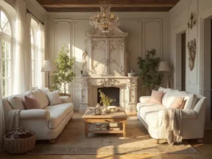 "Sun-drenched French Provincial living room with cream-colored sofas, a distressed oak table, an armoire, herringbone hardwood floors, a crystal chandelier, and an ornate fireplace during golden hour."