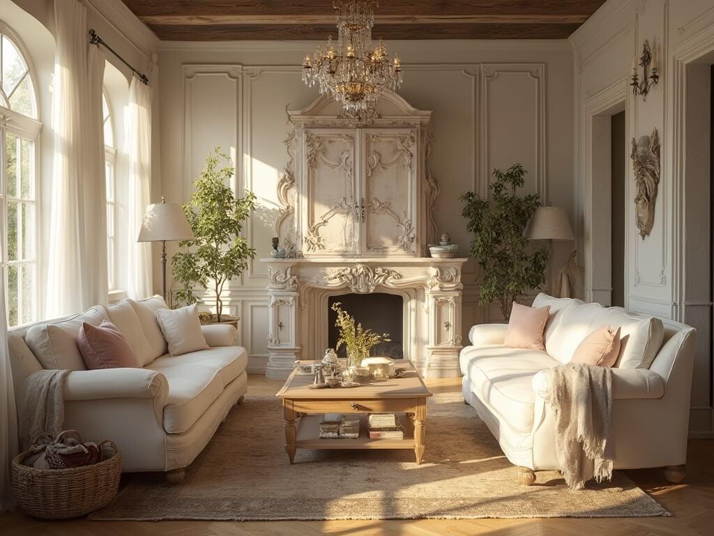 "Sun-drenched French Provincial living room with cream-colored sofas, a distressed oak table, an armoire, herringbone hardwood floors, a crystal chandelier, and an ornate fireplace during golden hour."