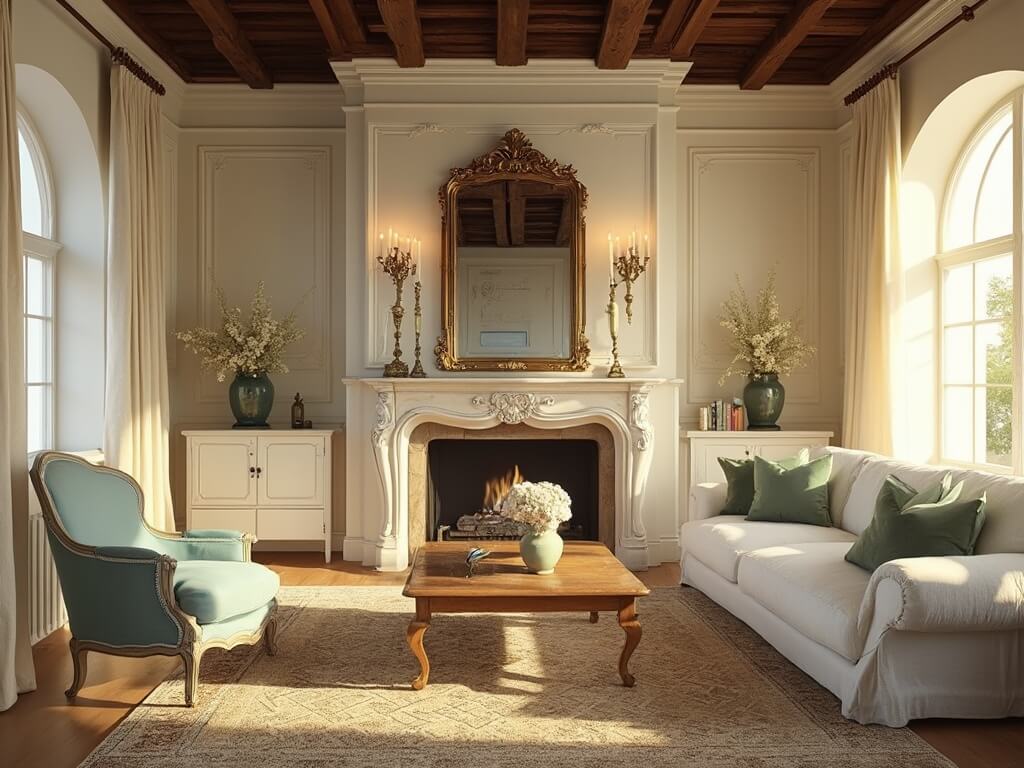 "Elegant French Provincial living room featuring cream walls, dark wooden beams, limestone fireplace, and antique furniture during golden hour"