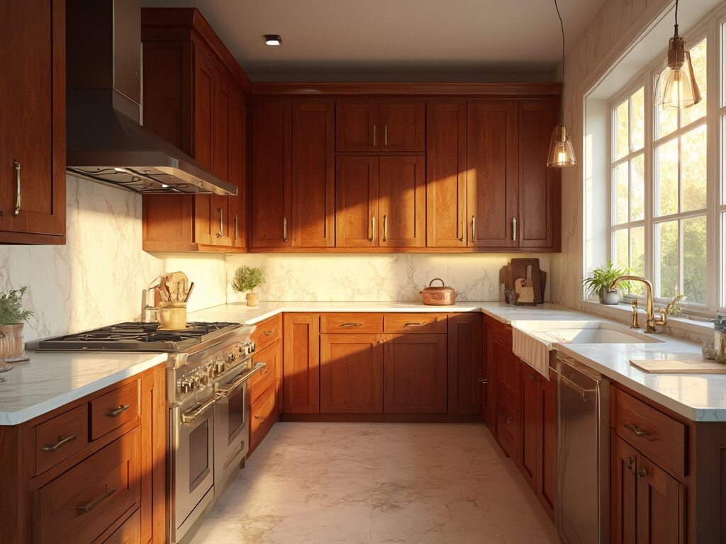 "Spacious cherry wood kitchen with quartz countertops and professional-grade stainless appliances during golden hour"