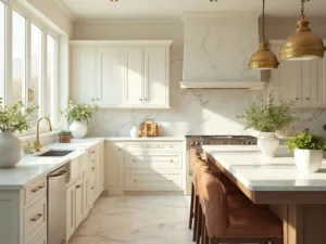 "Luxurious cream kitchen with Calacatta marble countertops, brass hardware on cabinets, and morning light through tall windows"