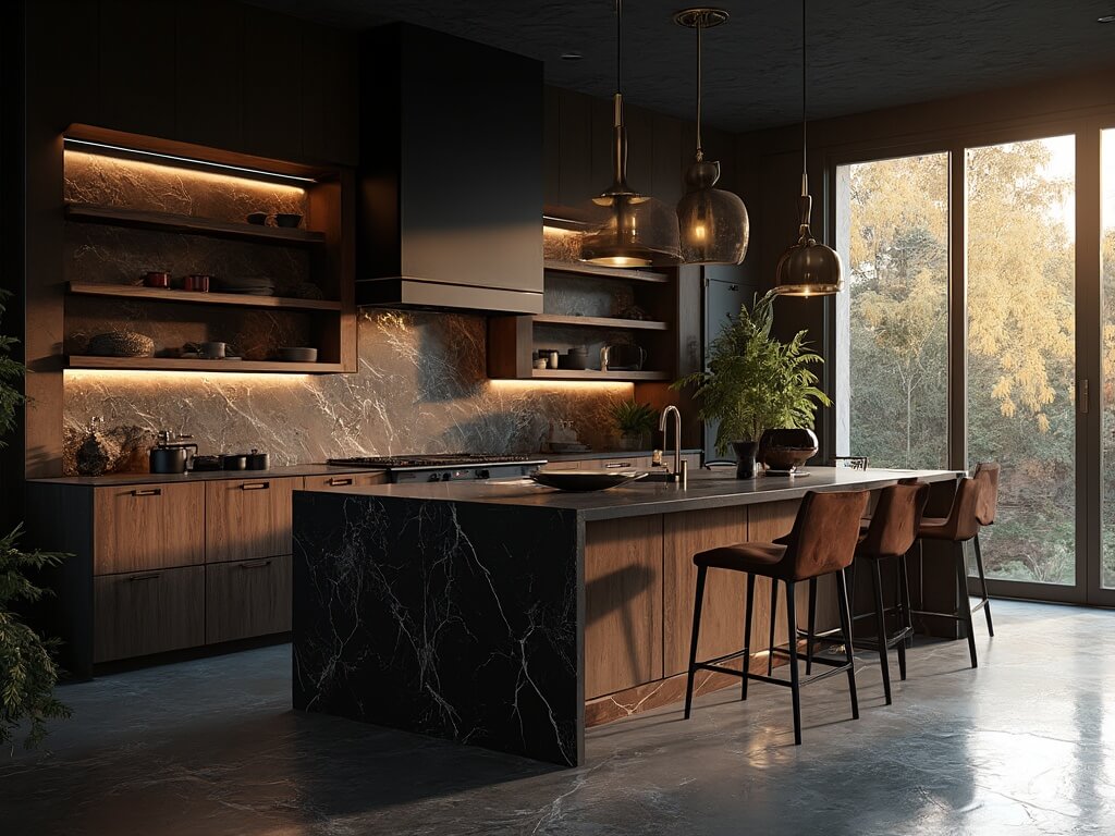 "Luxurious L-shaped kitchen with charcoal black cabinets, black marble countertops, brass pendant lights, professional black Viking range, walnut floating shelves, stone backsplash, leather bar stools, and trailing plants with moody atmospheric lighting"