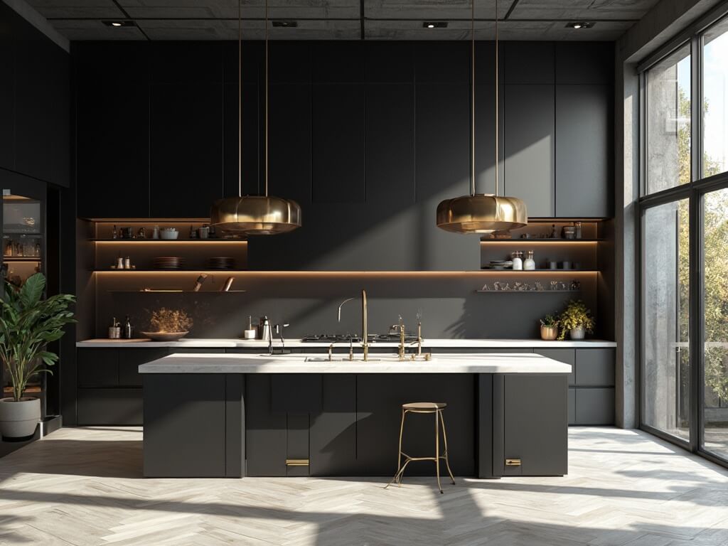 "Luxurious dark kitchen with marble countertops and dramatic morning light coming through industrial windows"
