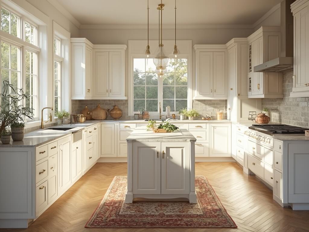 "Modern luxurious kitchen with white Shaker-style cabinets, marble island, vintage Persian rug, and high-end appliances in morning sunlight."