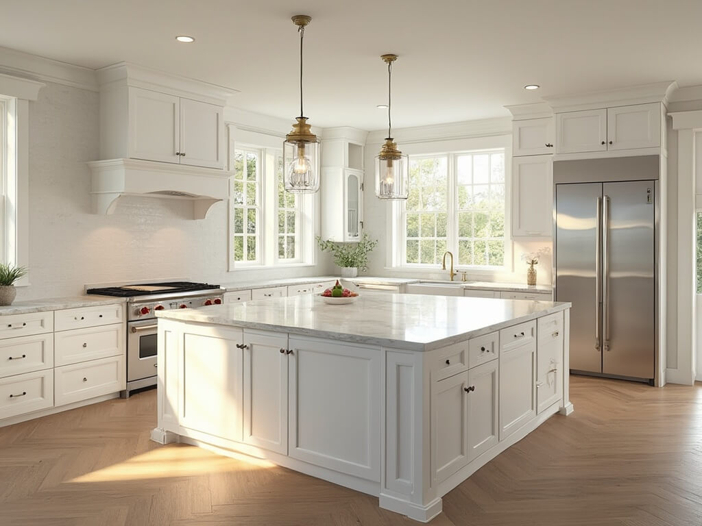 "Modern farmhouse kitchen featuring white Shaker cabinets, Calacatta marble island, brass accents, herringbone oak flooring, and natural morning sunlight"