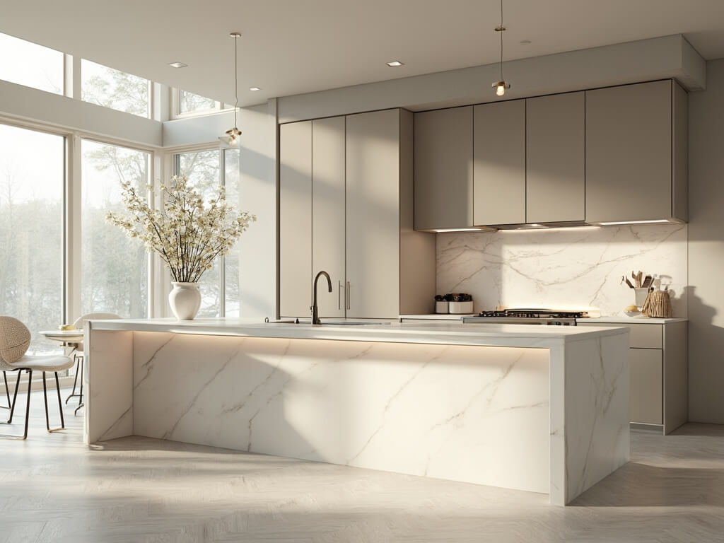 "Luxury modern kitchen with taupe shaker cabinets, white quartz island, large windows with morning sunlight, white oak flooring, marble backsplash and professional stainless steel appliances, highlighted by brushed nickel hardware and minimalistic eucalyptus decor."