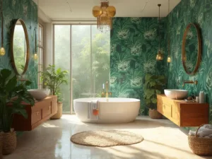 "Luxurious tropical bathroom with sunlight streaming through frosted windows, featuring palm leaf wallpaper, a porcelain soaking tub, teak wood vanity and brass fixtures."