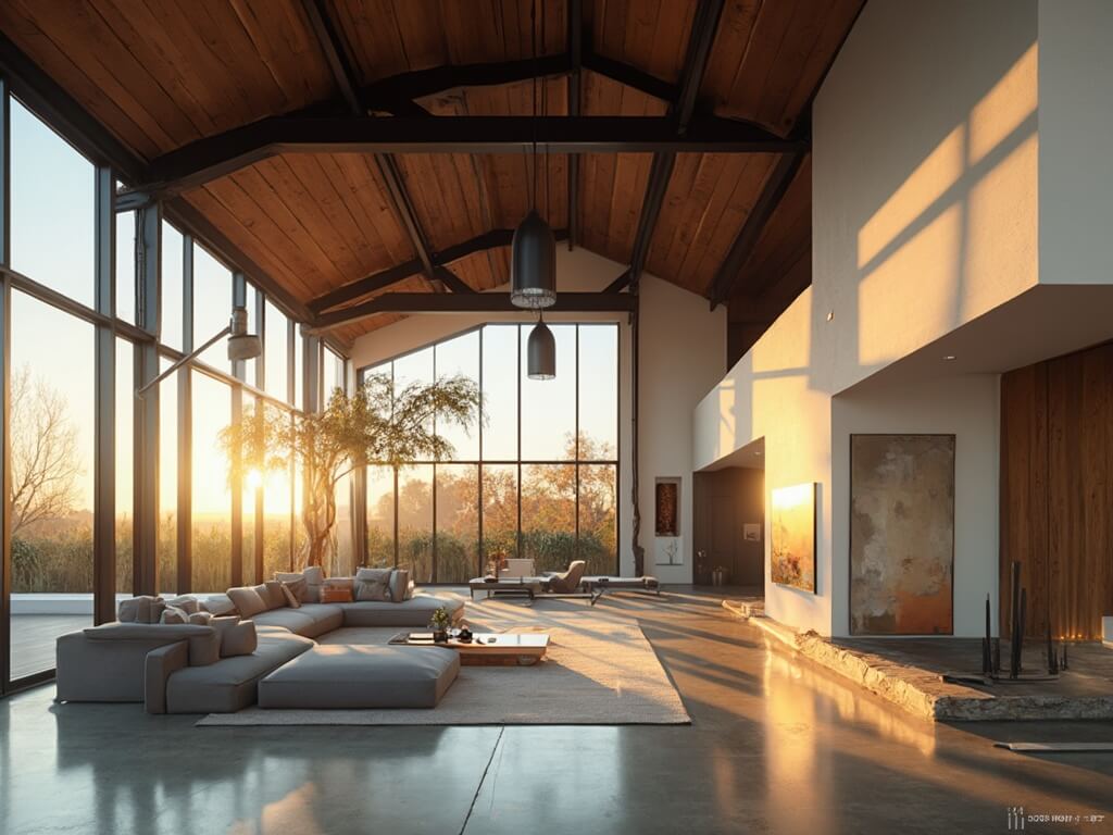 "Luxurious barndominium great room with high vaulted ceilings, black steel beams, floor-to-ceiling windows, white oak accents, and modern minimalist furniture at sunset."