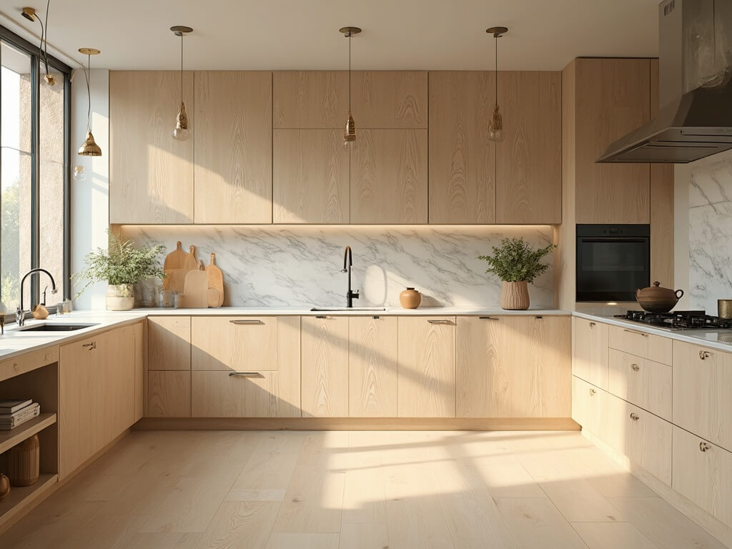 "Modern beige kitchen bathed in warm natural light, featuring Shaker-style cabinets, white marble countertops, brass pendant lights and black hardware details."