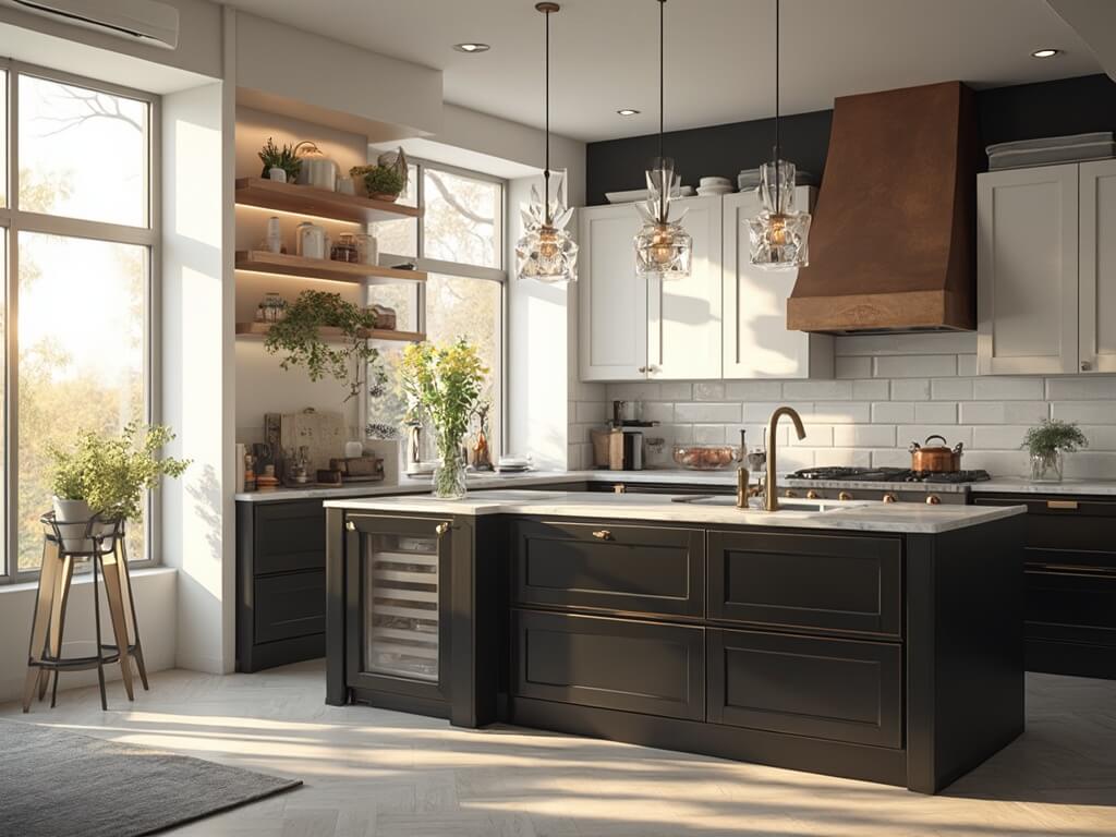 "Modern black and white kitchen design with stainless steel appliances, Carrara marble island, and natural light"