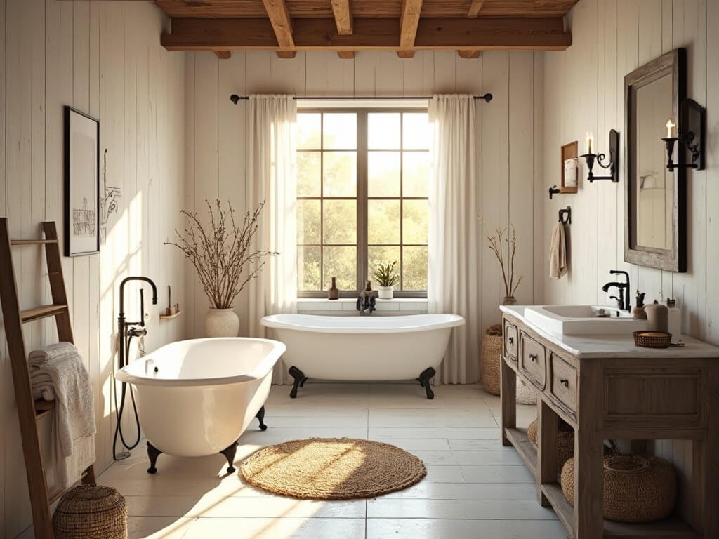 "Modern farmhouse bathroom with black fixtures, white clawfoot tub, and natural textures, bathed in golden hour sunlight."