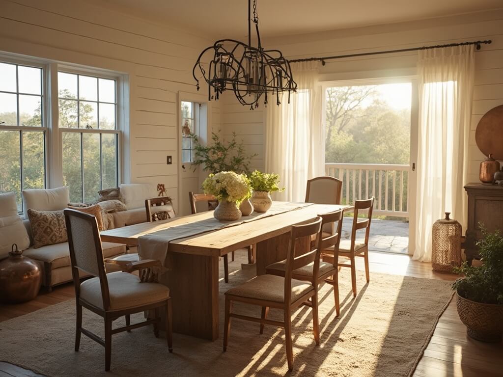 "Modern farmhouse dining room in warm sunlight with a wooden table, mix-matched chairs, black iron chandelier, and neutral décor accents"