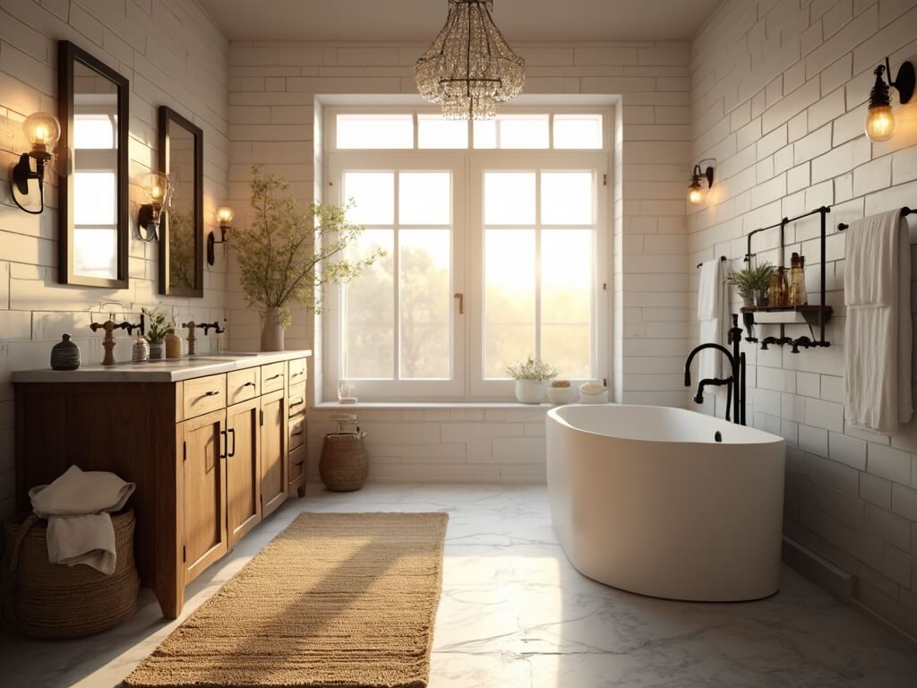 "Luxurious modern farmhouse bathroom bathed in golden hour sunlight featuring a freestanding tub, double vanity, shiplap walls and elegant decor"