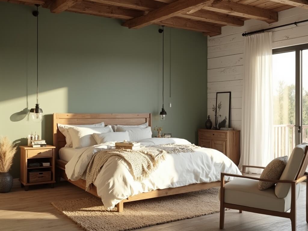 "Modern farmhouse bedroom with sage green accent wall, king-size oak bed, vintage brass pendant light, and morning light streaming through sheer curtains."