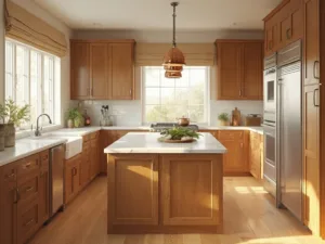 "Modern farmhouse kitchen with honey-stained Shaker cabinets, white quartz countertops, and a center island under soft copper pendant lights."