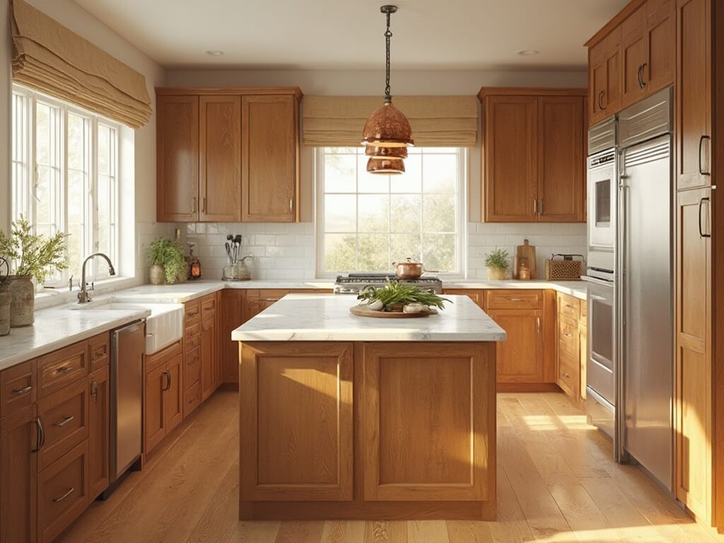 "Modern farmhouse kitchen with honey-stained Shaker cabinets, white quartz countertops, and a center island under soft copper pendant lights."