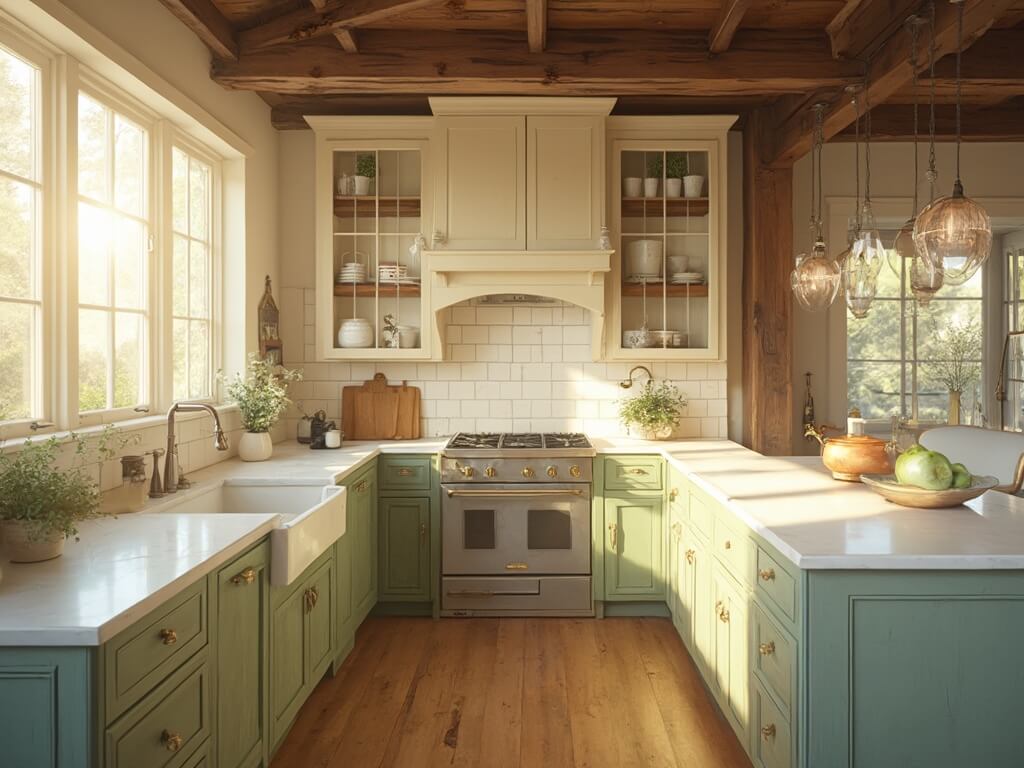 "Spacious farmhouse kitchen with cream upper cabinets, sage green lower cabinets, white marble island, and golden sunlight streaming through large windows"