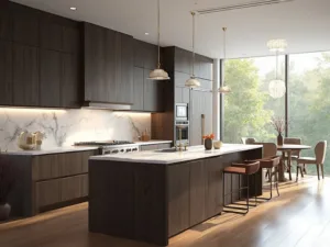 "Modern luxury kitchen with espresso-stained cabinets, white Carrara marble countertops, and natural morning light"