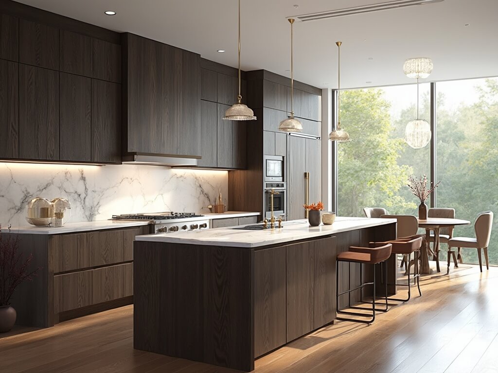 "Modern luxury kitchen with espresso-stained cabinets, white Carrara marble countertops, and natural morning light"