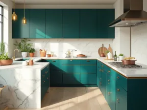 "Luxurious modern kitchen with teal cabinets, white Carrara marble island, brass hardware, and warm morning light"