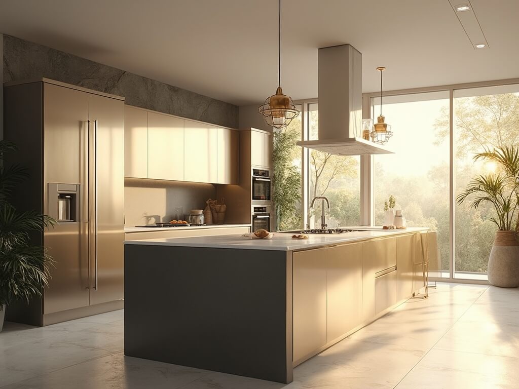 "Modern, sunlit kitchen with champagne-colored aluminum cabinets, charcoal island with ivory quartz countertop, stainless steel appliances, and geometric brass pendant lights"