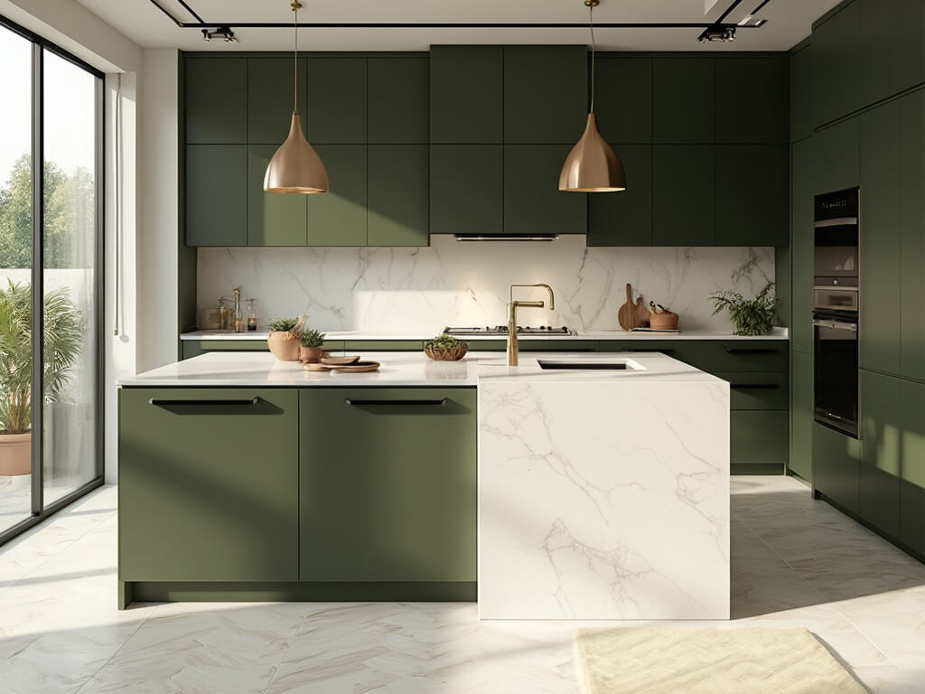 "Modern kitchen with olive green cabinets, white quartz island, brushed brass pendant lights, and marble backsplash captured during golden hour"