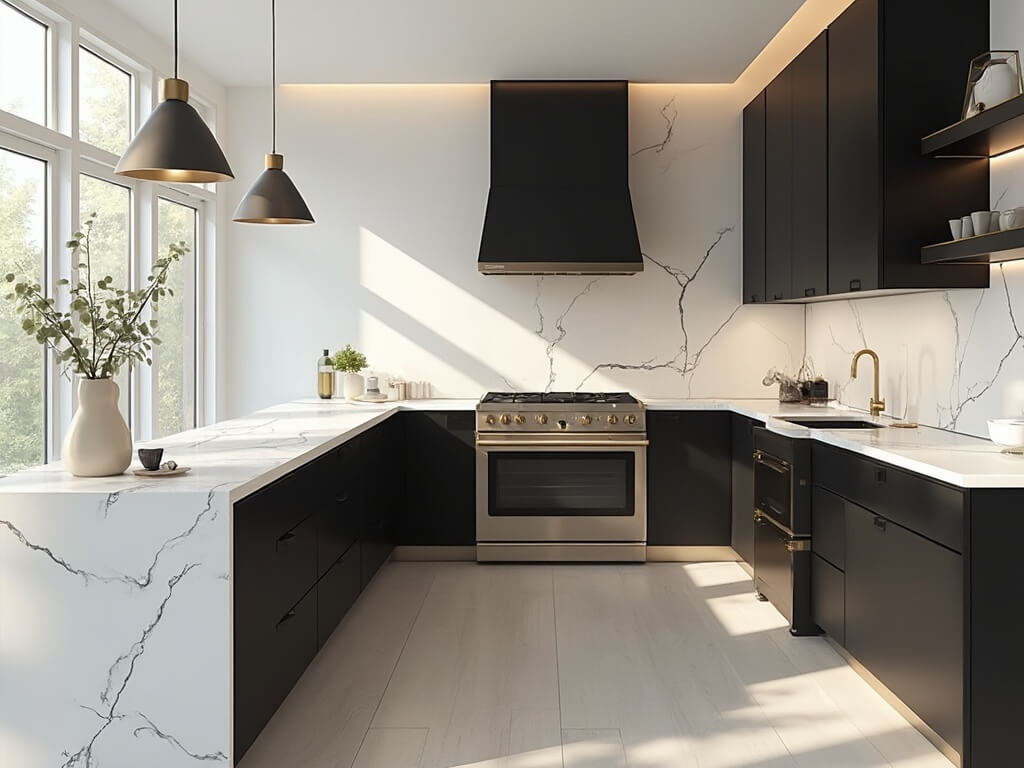 "Modern two-toned kitchen design with matte black and white cabinets, white quartz waterfall island, and stainless steel appliances in natural morning sunlight"