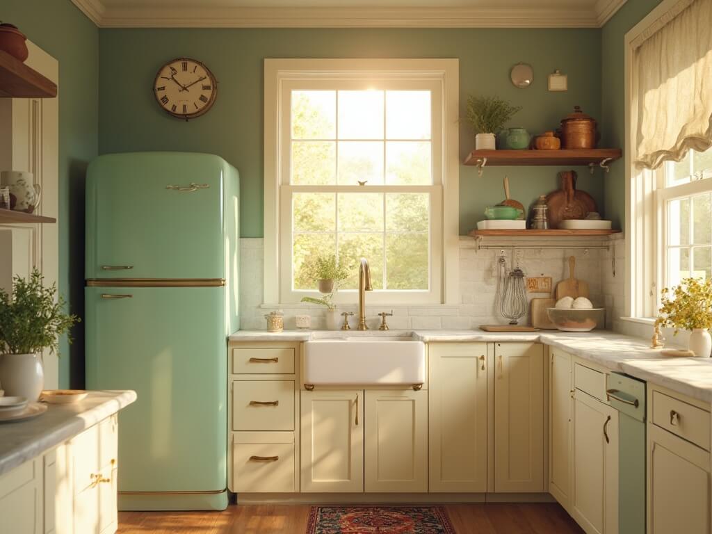 "Sunlit modern vintage kitchen with cream cabinets, mint-green refrigerator, Carrara marble countertops, vintage dishware, farmhouse sink, subway tile backsplash, and hardwood floors dressed with a Persian runner."