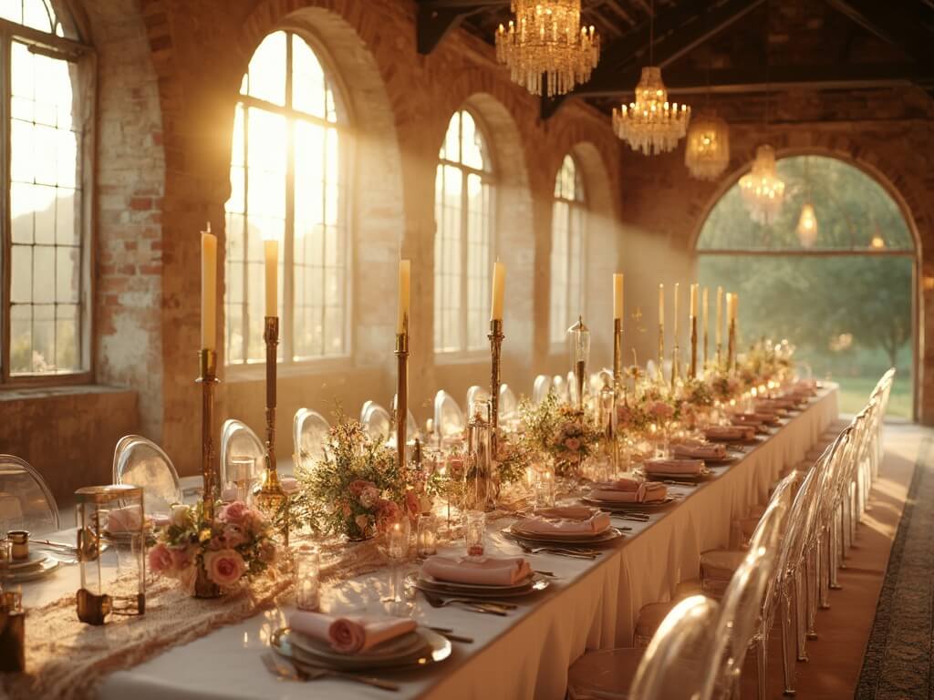 "Wedding reception hall with golden hour sunlight, vintage decor, blush and champagne color palette, antique lace tablecloths, crystal chandeliers, champagne silk draperies, and architectural details in soft-focus background."